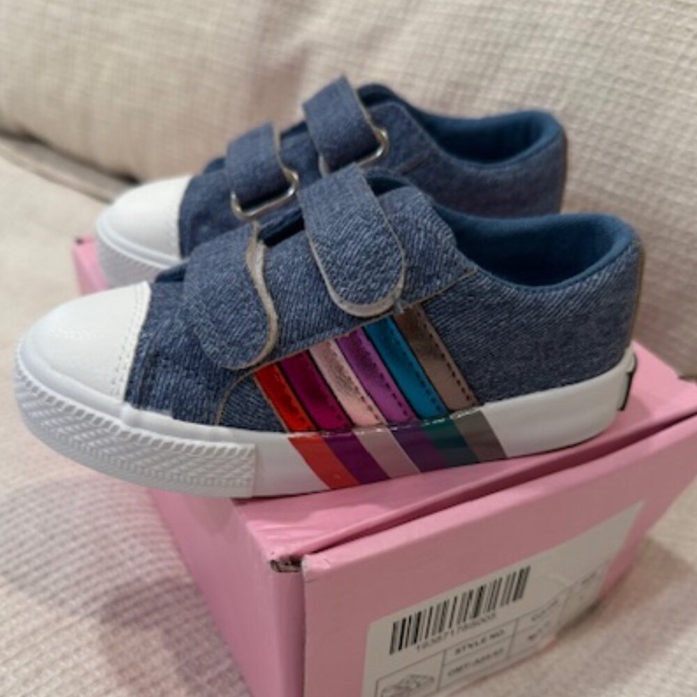 NWT & Original Box –OLIVIA MILLER Denim Rainbow Velcro Sneakers (Toddler Size 9)